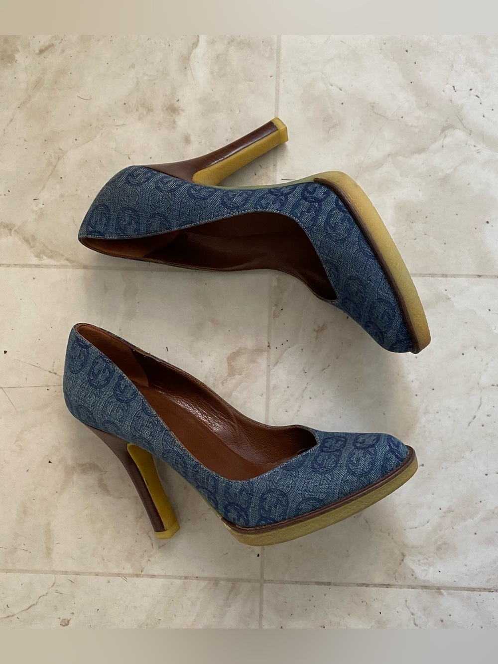 Authentic Gucci Interlocking GG Monogram Blue Denim Platform Pumps Heels Sz 6.5